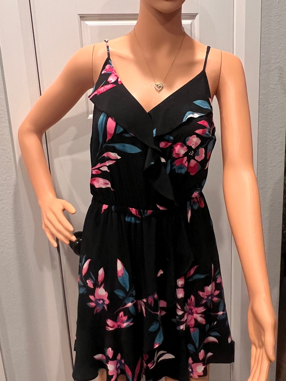 Express Black Floral Mini Dress with Pink & Teal Accents